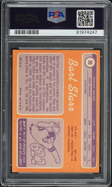 1970 Topps FB Card # 30 Bart Starr Green Bay Packers HOF PSA 7.5 NRMT+ (MGD2)