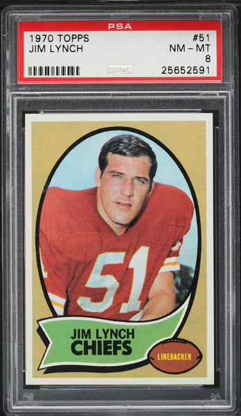 1970 Topps FB Card # 51 Jim Lynch Kansas City Chiefs HOF ROOKIE RC PSA 8 NM-MT (MGD2)