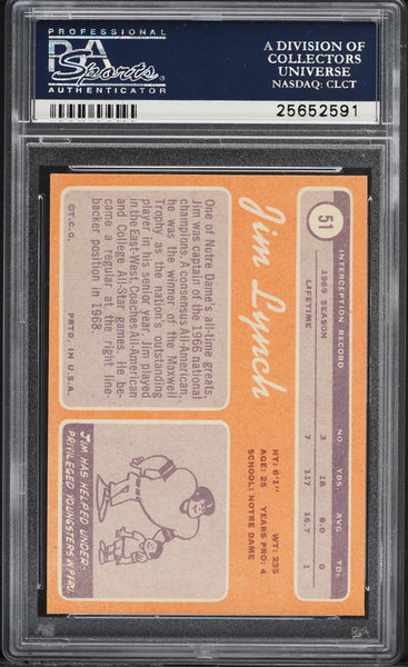 1970 Topps FB Card # 51 Jim Lynch Kansas City Chiefs HOF ROOKIE RC PSA 8 NM-MT (MGD2)