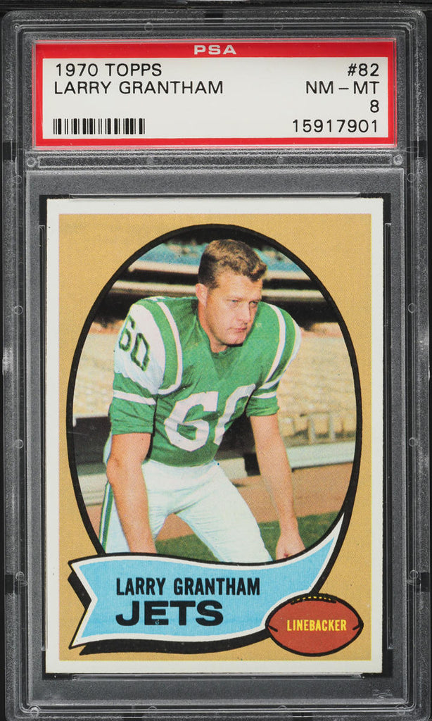 1970 Topps FB Card # 82 Larry Grantham New York Jets HOF PSA 8 NM-MT (MGD2)