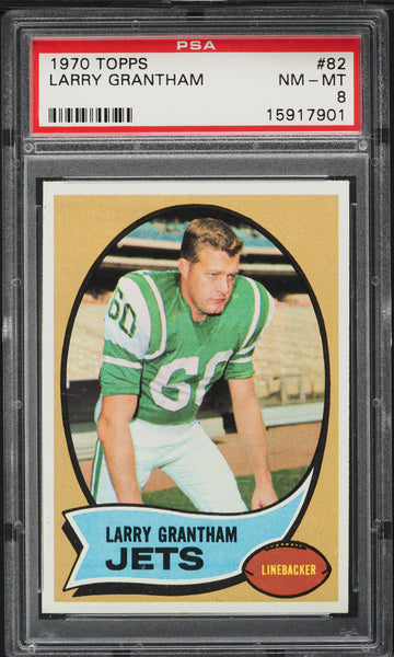 1970 Topps FB Card # 82 Larry Grantham New York Jets HOF PSA 8 NM-MT (MGD2)
