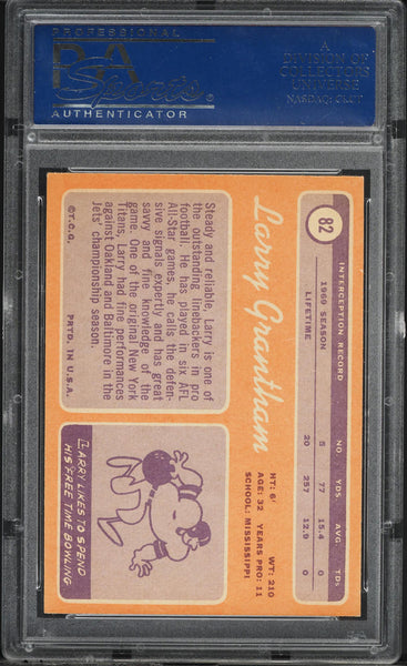 1970 Topps FB Card # 82 Larry Grantham New York Jets HOF PSA 8 NM-MT (MGD2)