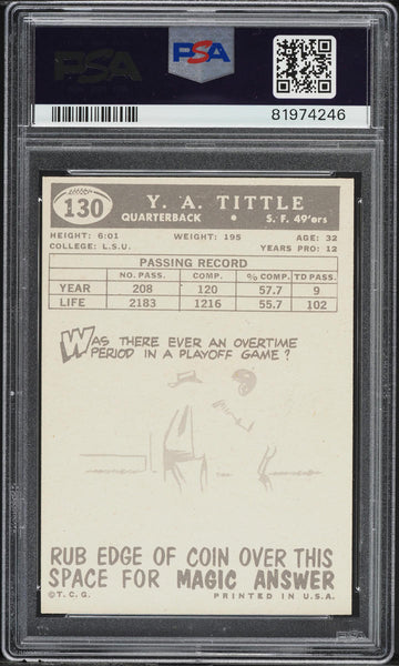 1959 Topps FB Card #130 Y.A. Tittle San Francisco 49ers HOF PSA 7 NRMT (MGD2)