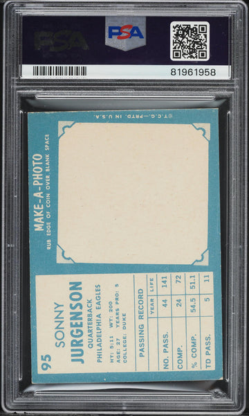 1961 Topps FB Card # 95 Sonny Jurgenson Philadelphia Eagles HOF PSA 7 NRMT (MGD2)