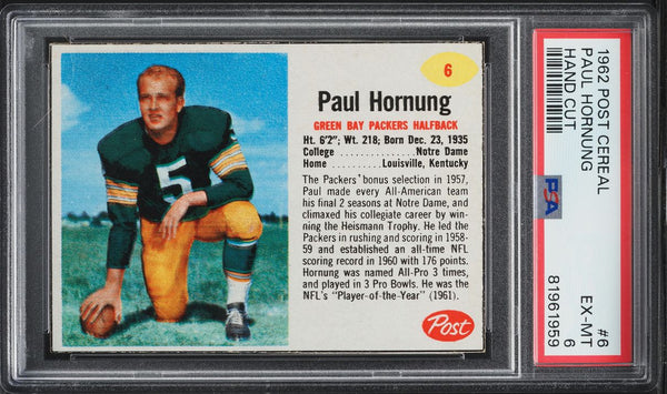 1962 Post Cereal FB Card # 6 Paul Hornung Green Bay Packers HOF HAND CUT PSA 6 (MGD2)