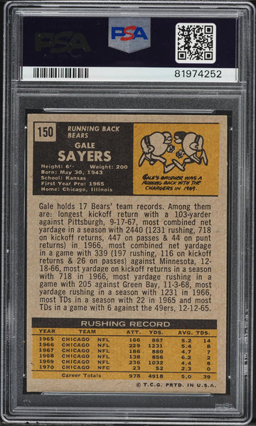 1971 Topps FB Card #150 Gale Sayers Chicago Bears HOF PSA 6 EXMT (MGD2)