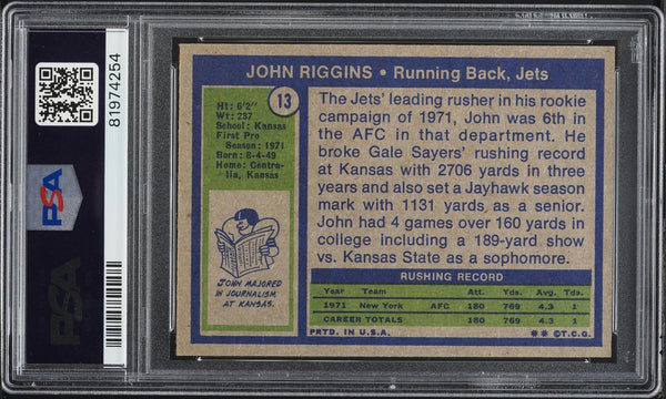 1972 Topps FB Card # 13 John Riggins New York Jets HOF ROOKIE RC PSA 7 NRMT (MGD2)