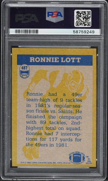 1982 Topps FB Card #487 Ronnie Lott San Francisco 49ers HOF ROOKIE RC PSA 9 MINT (MGD2)