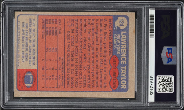 1985 Topps FB Card #124 Lawrence Taylor New York Giants HOF ALL-PRO PSA 7 NRMT (MGD2)