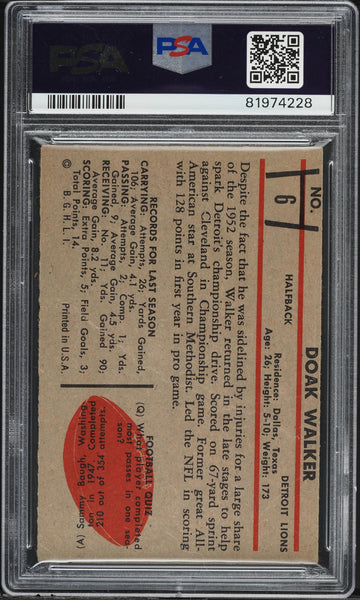 1953 Bowman FB Card # 6 Doak Walker Detroit Lions HOF PSA 2 GD (MGD2)
