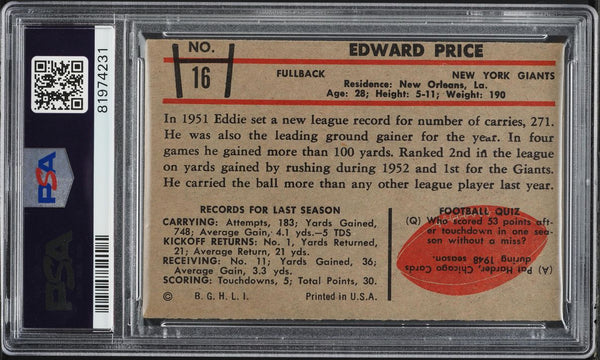 1953 Bowman FB Card # 16 Eddie Price New York Giants HOF PSA 5 EX (MGD2)
