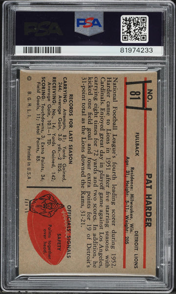 1953 Bowman FB Card # 81 Pat Harder Detroit Lions HOF SP PSA 5.5 EX+ (MGD2)