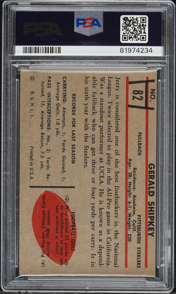 1953 Bowman FB Card # 82 Jerry Shipkey Pittsburgh Steelers PSA 4 VGEX (MGD2)