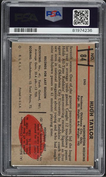1953 Bowman FB Card # 84 Hugh Taylor Washington Redskins PSA 4 VGEX (MGD2)