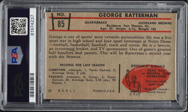 1953 Bowman FB Card # 85 George Ratterman Cleveland Browns PSA 1 PR (MGD2)
