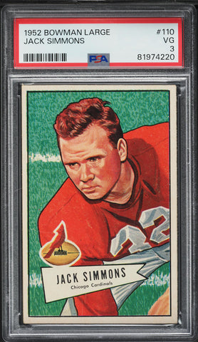 1952 Bowman Large FB Card #110 Jack Simmons Chicago Cardinals ROOKIE RC PSA 3 VG (MGD2)