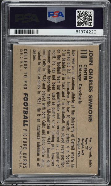 1952 Bowman Large FB Card #110 Jack Simmons Chicago Cardinals ROOKIE RC PSA 3 VG (MGD2)