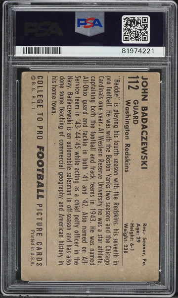 1952 Bowman Large FB Card #112 John Badaczewski Washington Redskins PSA 2 GD (MGD2)