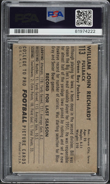1952 Bowman Large FB Card #113 Bill Reichardt Green Bay Packers ROOKIE RC PSA 3 (MGD2)