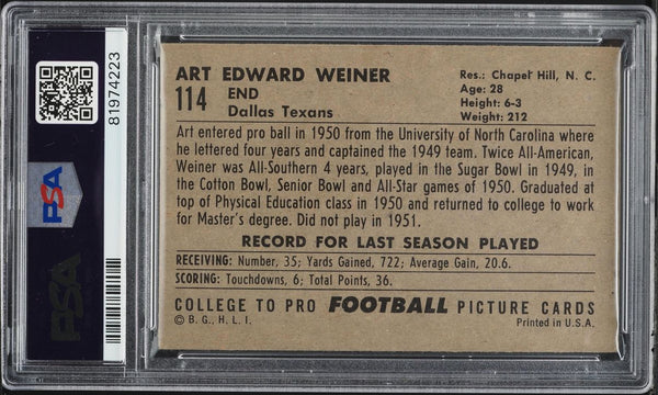 1952 Bowman Large FB Card #114 Art Weiner Dallas Texans HOF PSA 4 VGEX (MGD2)