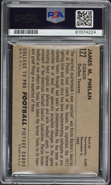 1952 Bowman Large FB Card #122 Jimmy Phelan Dallas Texans HOF PSA 4 VGEX (MGD2)