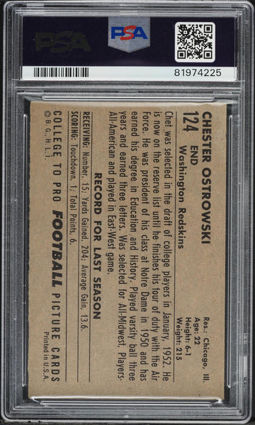 1952 Bowman Large FB Card #124 Chet Ostrowski Redskins ROOKIE RC PSA 4.5 VGEX+ (MGD2)