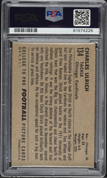 1952 Bowman Large FB Card #134 Chuck Ulrich Cardinals ROOKIE RC PSA 4 VGEX (MGD2)