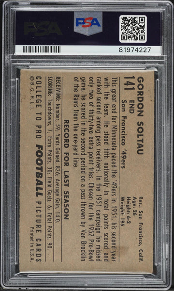 1952 Bowman Large FB Card #141 Gordon Soltau San Francisco 49ers HOF PSA 3 VG (MGD2)