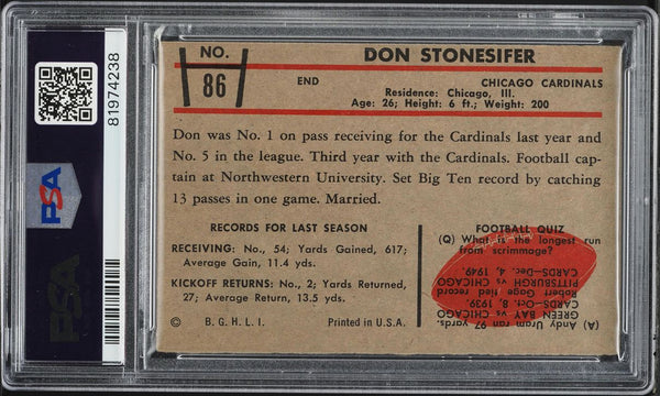 1953 Bowman FB Card # 86 Don Stonesifer Chicago Cardinals ROOKIE RC PSA 4 VGEX (MGD2)