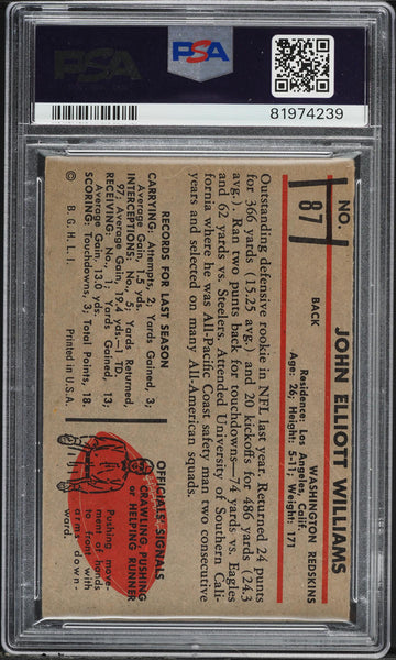 1953 Bowman FB Card # 87 John Williams Washington Redskins ROOKIE RC SP PSA 3.5 (MGD2) (Copy)