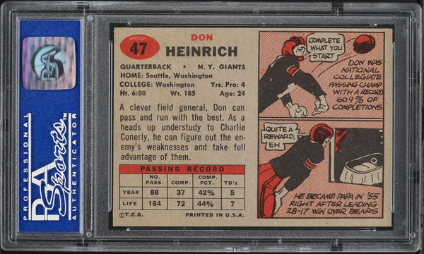 1957 Topps FB Card # 47 Don Heinrich New York Giants HOF PSA 7 NRMT (MGD2)