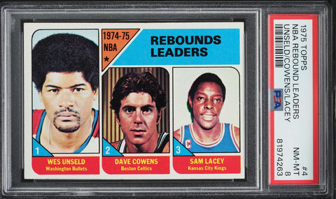 1975 Topps BkB Card # 4 Wes Unseld D. Cowens S. Lacey REBOUND LDRS PSA 8 NM-MT (MGD2)