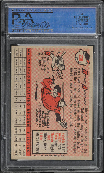 1958 Topps BB Card #230 Richie Ashburn Philadelphia Phillies HOF PSA 8 NM-MT (MGD2)