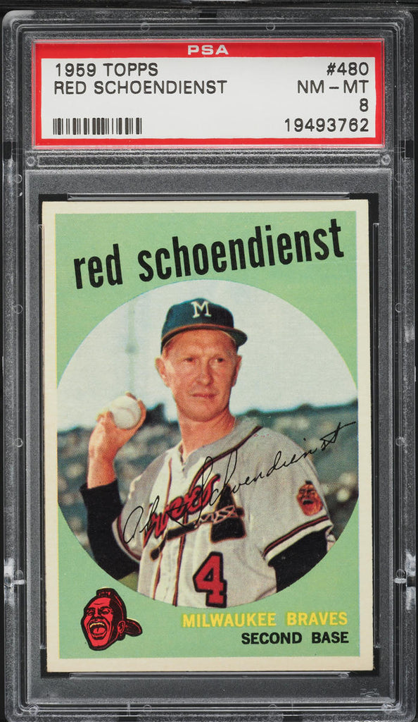 1959 Topps BB Card #480 Red Schoendienst Milwaukee Braves HOF PSA 8 NM-MT (MGD2)