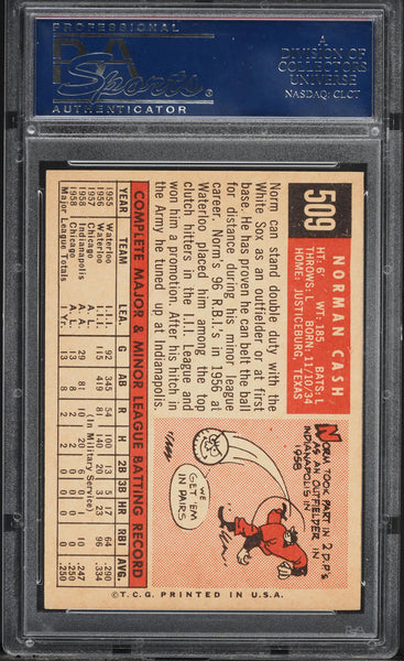 1959 Topps BB Card #509 Norm Cash Chicago White Sox ROOKIE RC PSA 8 NM-MT (MGD2)