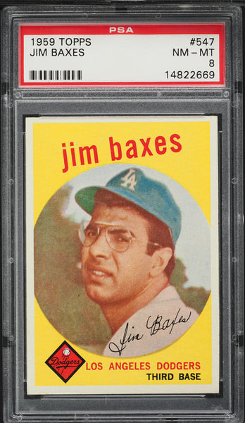 1959 Topps BB Card #547 Jim Baxes Los Angeles Dodgers ROOKIE RC PSA 8 NM-MT (MGD2)