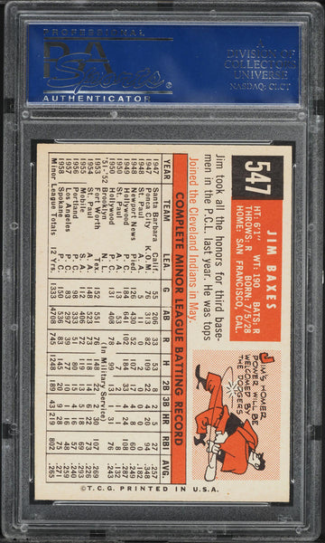 1959 Topps BB Card #547 Jim Baxes Los Angeles Dodgers ROOKIE RC PSA 8 NM-MT (MGD2)