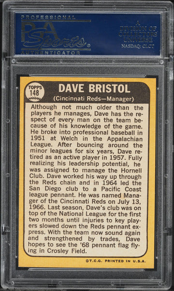 1968 Topps BB Card #148 Dave Bristol Cincinnati Reds HOF MANAGER PSA 10 GEM MINT (MGD2)