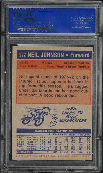 1972 Topps BkB Card #222 Neil Johnson Virginia Squires PSA 8 NM-MT (MGD2)