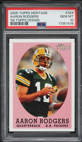 2005 Topps Heritage FB Card #344 Aaron Rodgers Packers ROOKIE RC PSA 10 GEM MINT (MGD2)