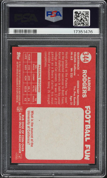 2005 Topps Heritage FB Card #344 Aaron Rodgers Packers ROOKIE RC PSA 10 GEM MINT (MGD2)