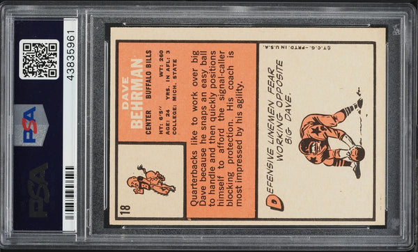 1966 Topps FB Card # 18 Dave Behrman Buffalo Bills PSA 7 NRMT (MGD2)