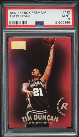 1997 Skybox Premium BkB Card #112 Tim Duncan San Antonio Spurs ROOKIE RC PSA 9 (MGD2)