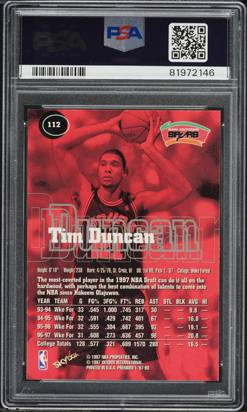 1997 Skybox Premium BkB Card #112 Tim Duncan San Antonio Spurs ROOKIE RC PSA 9 (MGD2)