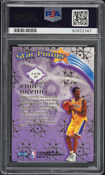 1997 Ultra BkB Card Star Power # 3 Kobe Bryant Los Angeles Lakers PSA 8 NM-MT (MGD2)