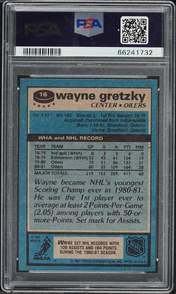 1981 Topps Hockey Card # 16 Wayne Gretzky Edmonton Oilers HOF PSA 9 MINT (MGD2)