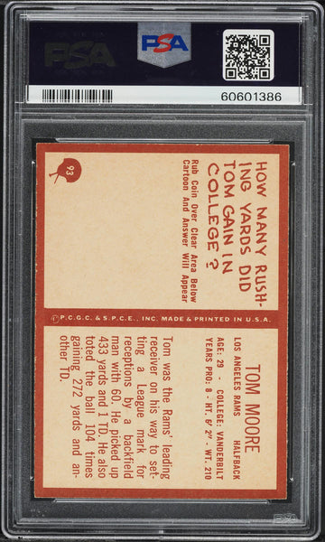 1967 Philadelphia FB Card # 93 Tom Moore Green Bay Packers PSA 8 NM-MT (MGD2)