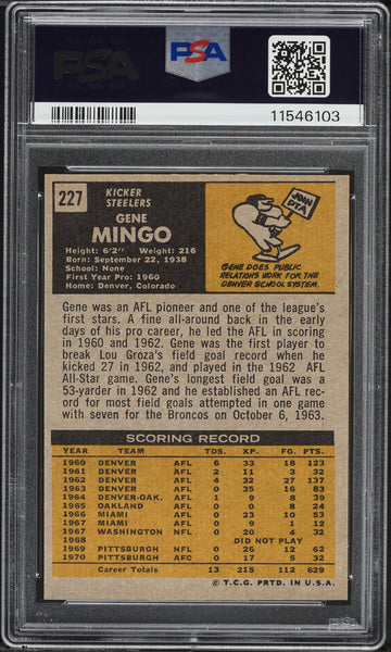 1971 Topps FB Card #227 Gene Mingo Pittsburgh Steelers PSA 8 NM-MT (MGD2)