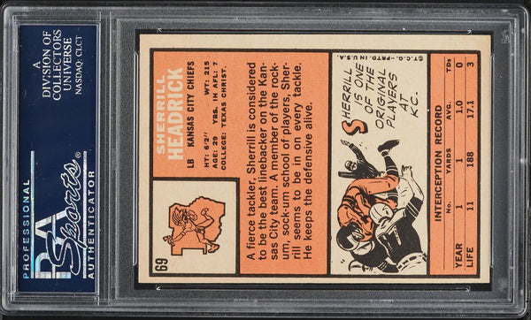 1966 Topps FB Card # 69 Sherrill Headrick Kansas City Chiefs HOF PSA 7 NRMT (MGD2)