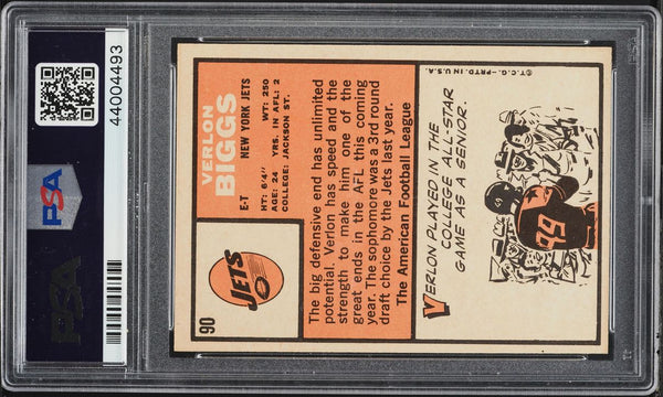 1966 Topps FB Card # 90 Verlon Biggs New York Jets PSA 7 NRMT (MGD2)